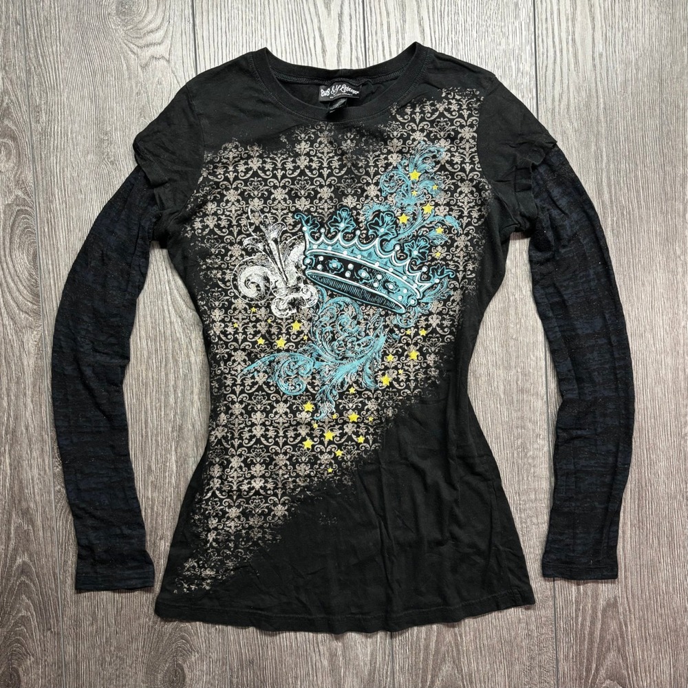 Self Esteem y2k Graphic Crown Fleur De Lis Layered Long Sleeve Top Black Medium